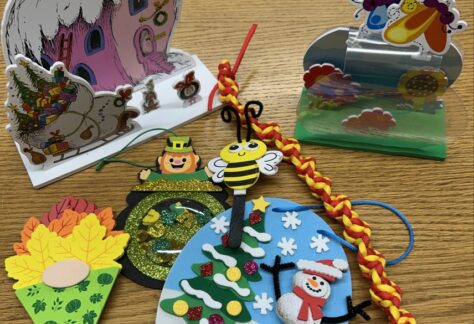 variety of themed craft projects on a table